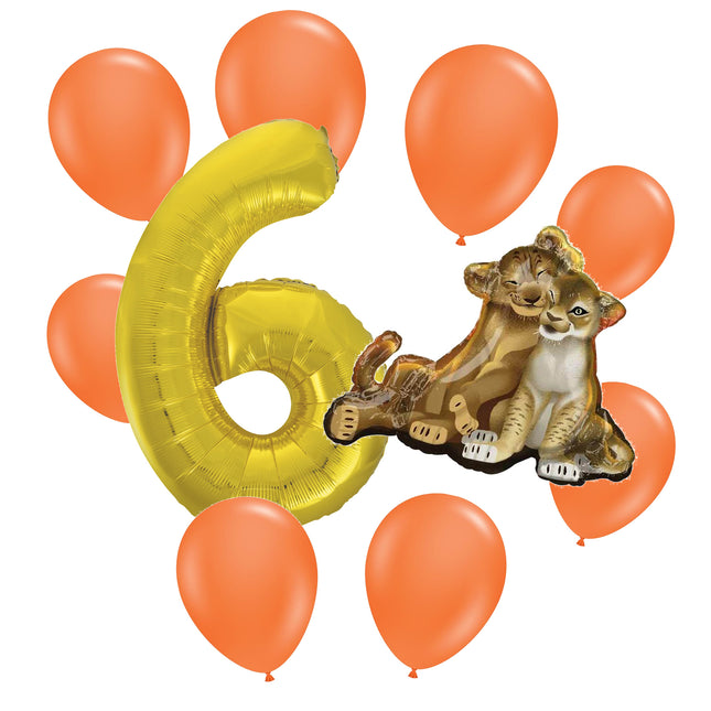 The Lion King 6th birthday set main: number 6 foil, themed foil and 8 matching latex balloons
