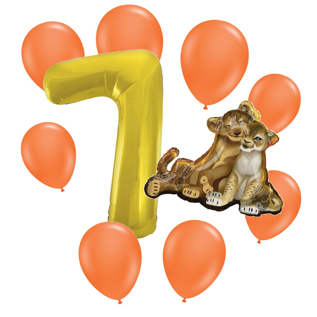 The Lion King 7th birthday set main: number 7 foil, themed foil and 8 matching latex balloons