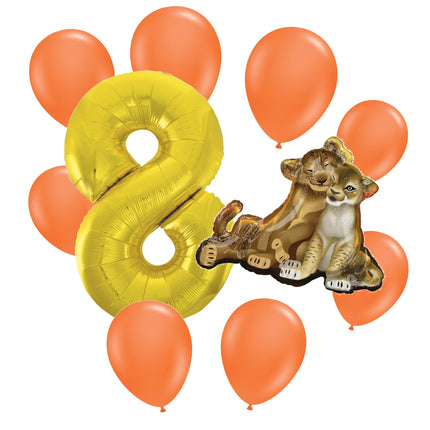 The Lion King 8th birthday set main: number 8 foil, themed foil and 8 matching latex balloons
