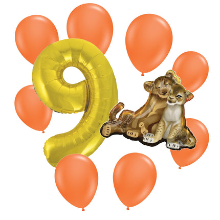 The Lion King 9th birthday set main: number 9 foil, themed foil and 8 matching latex balloons
