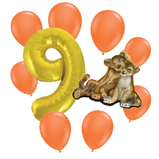 The Lion King 9th birthday set main: number 9 foil, themed foil and 8 matching latex balloons