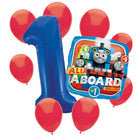 Thomas the Train 1st birthday set main: number 1 foil, themed foil and 8 matching latex balloons