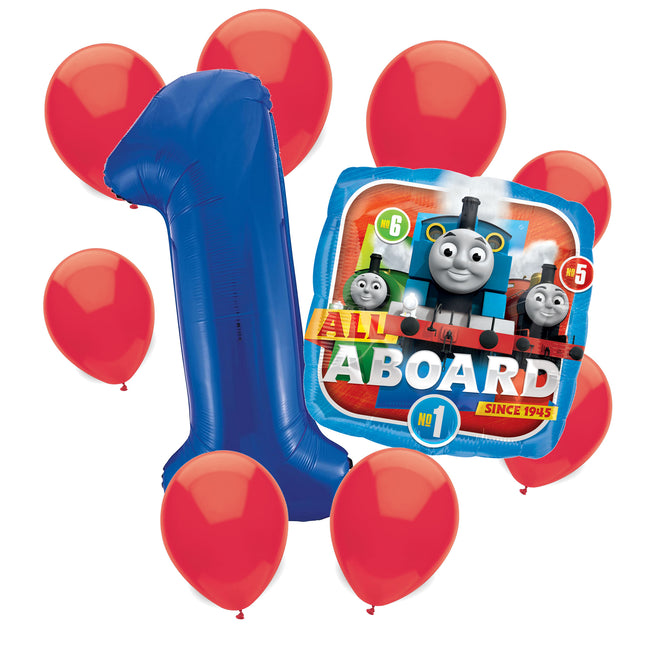 Thomas the Train 1st birthday set main: number 1 foil, themed foil and 8 matching latex balloons