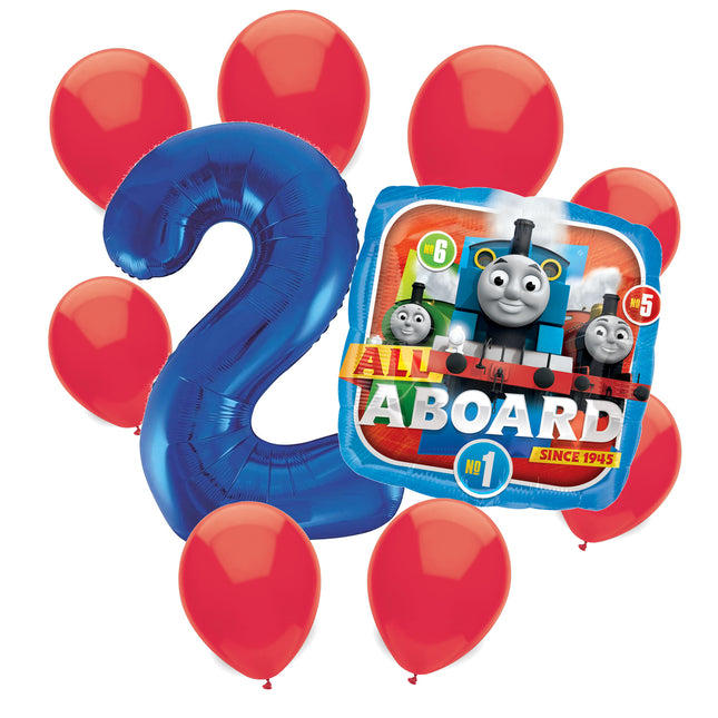 Thomas the Train 2nd birthday set main: number 2 foil, themed foil and 8 matching latex balloons