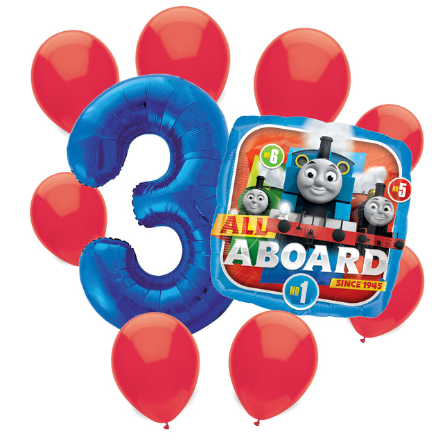 Thomas the Train 3rd birthday set main: number 3 foil, themed foil and 8 matching latex balloons
