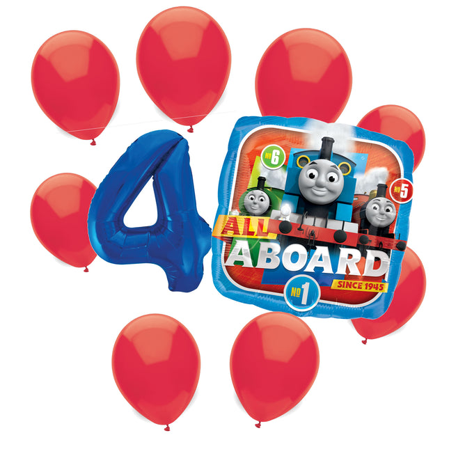 Thomas the Train 4th birthday set main: number 4 foil, themed foil and 8 matching latex balloons