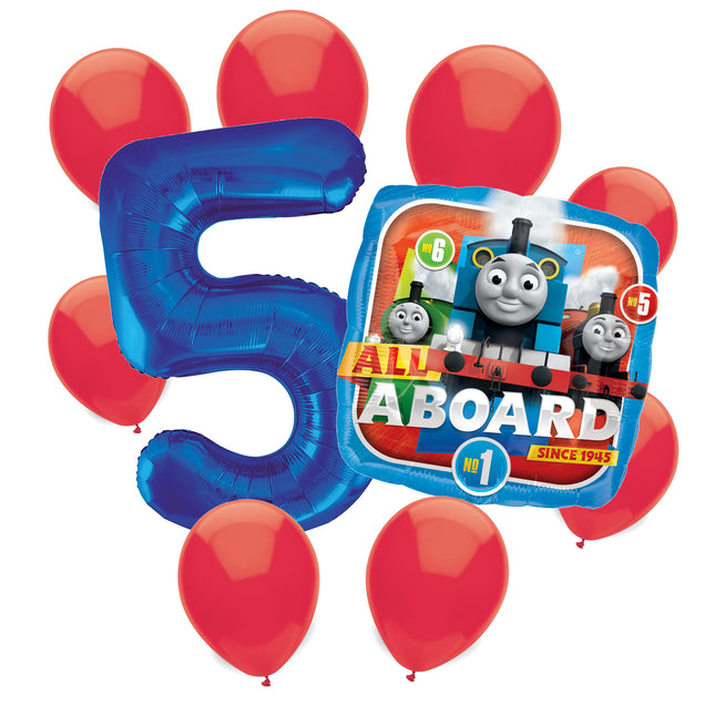 Thomas the Train 5th birthday set main: number 5 foil, themed foil and 8 matching latex balloons