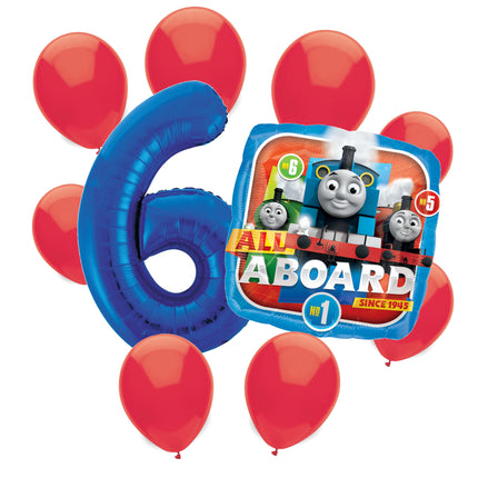 Thomas the Train 6th birthday set main: number 6 foil, themed foil and 8 matching latex balloons