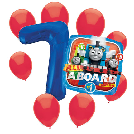 Thomas the Train 7th birthday set main: number 7 foil, themed foil and 8 matching latex balloons