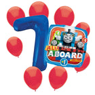 Thomas the Train 7th birthday set main: number 7 foil, themed foil and 8 matching latex balloons