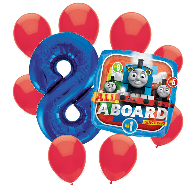 Thomas the Train 8th birthday set main: number 8 foil, themed foil and 8 matching latex balloons