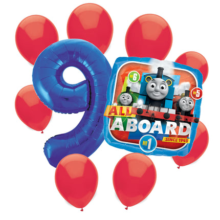 Thomas the Train 9th birthday set main: number 9 foil, themed foil and 8 matching latex balloons