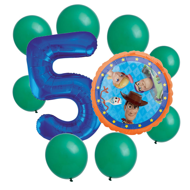 Toy Story 5th birthday set main: number 5 foil, themed foil and 8 matching latex balloons