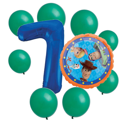 Toy Story 7th birthday set main: number 7 foil, themed foil and 8 matching latex balloons