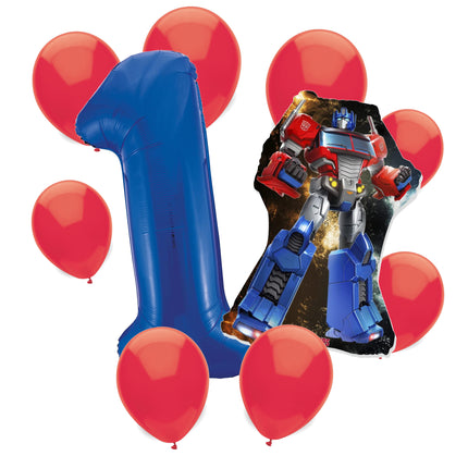 Transformers Optimus Prime 1st birthday set main: number 1 foil, themed foil and 8 matching latex balloons