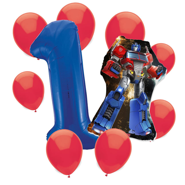 Transformers Optimus Prime 1st birthday set main: number 1 foil, themed foil and 8 matching latex balloons