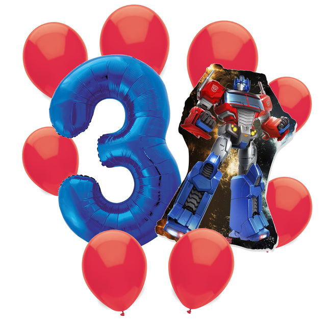 Transformers Optimus Prime 3rd birthday set main: number 3 foil, themed foil and 8 matching latex balloons