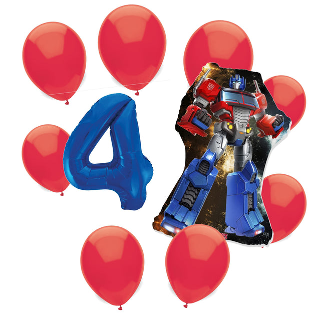 Transformers Optimus Prime 4th birthday set main: number 4 foil, themed foil and 8 matching latex balloons