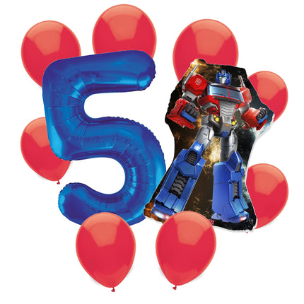 Transformers Optimus Prime 5th birthday set main: number 5 foil, themed foil and 8 matching latex balloons
