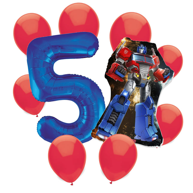 Transformers Optimus Prime 5th birthday set main: number 5 foil, themed foil and 8 matching latex balloons