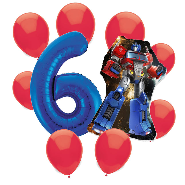 Transformers Optimus Prime 6th birthday set main: number 6 foil, themed foil and 8 matching latex balloons
