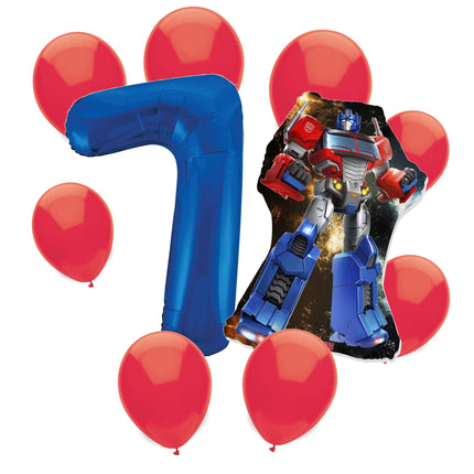 Transformers Optimus Prime 7th birthday set main: number 7 foil, themed foil and 8 matching latex balloons