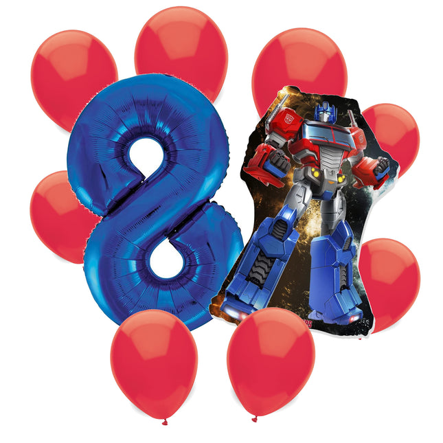 Transformers Optimus Prime 8th birthday set main: number 8 foil, themed foil and 8 matching latex balloons