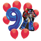 Transformers Optimus Prime 9th birthday set main: number 9 foil, themed foil and 8 matching latex balloons