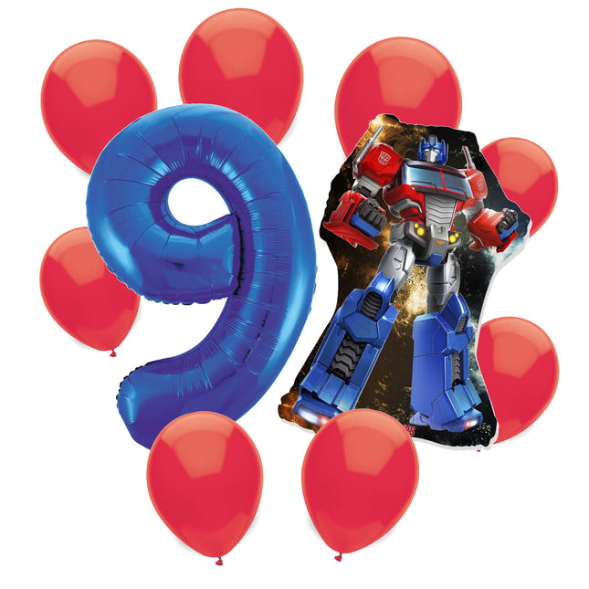 Transformers Optimus Prime 9th birthday set main: number 9 foil, themed foil and 8 matching latex balloons