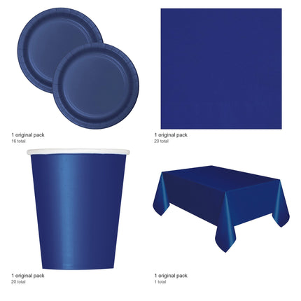 True Navy Blue Solid Coordinated Party Supplies Set for 16 Guests - included packs and quantities