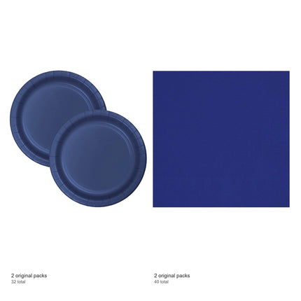 True Navy Blue Solid Dinner Plates and Napkins Set for 32 Guests - included packs and quantities