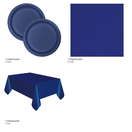 True Navy Blue Solid Plates, Napkins and Tablecloth Set for 16 Guests - included packs and quantities