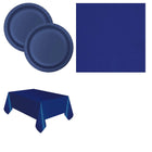 True Navy Blue Solid Plates, Napkins and Tablecloth Set for 16 Guests - set overview