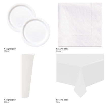 White Solid Coordinated Party Supplies Set for 16 Guests - included packs and quantities