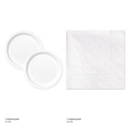 White Solid Dinner Plates and Napkins Set for 16 Guests - included packs and quantities
