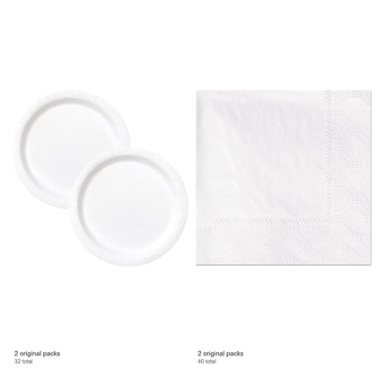 White Solid Dinner Plates and Napkins Set for 32 Guests - included packs and quantities