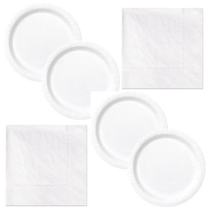 White Solid Dinner Plates and Napkins Set for 32 Guests - set overview