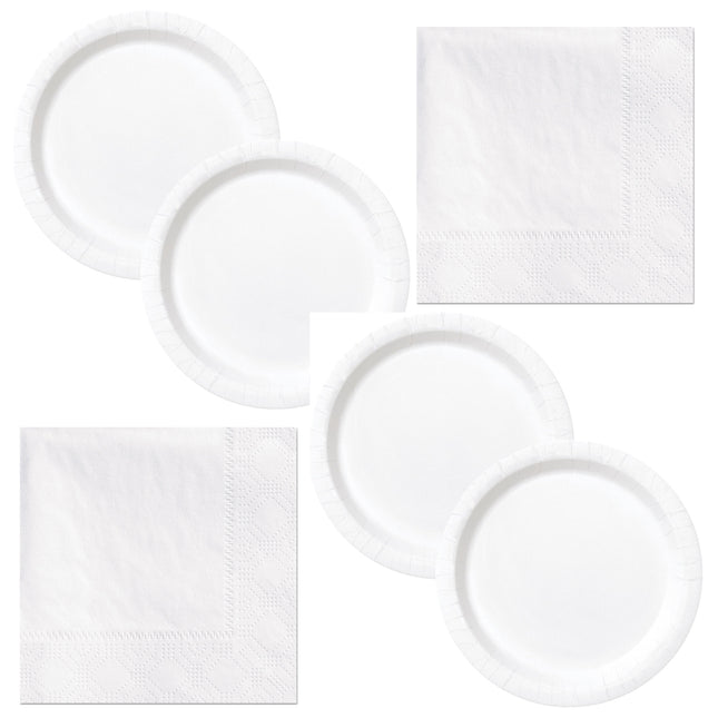 White Solid Dinner Plates and Napkins Set for 32 Guests - set overview