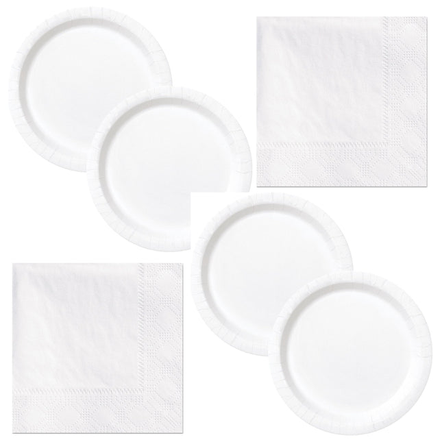 White Solid Dinner Plates and Napkins Set for 16 Guests - set overview