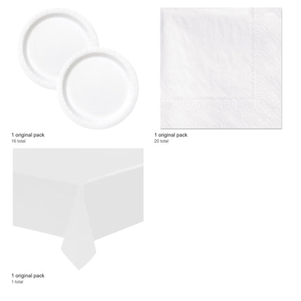 White Solid Plates, Napkins and Tablecloth Set for 16 Guests - included packs and quantities