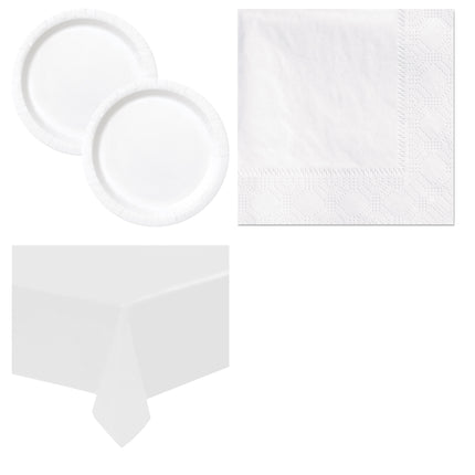 White Solid Plates, Napkins and Tablecloth Set for 16 Guests - set overview