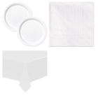 White Solid Plates, Napkins and Tablecloth Set for 16 Guests - set overview
