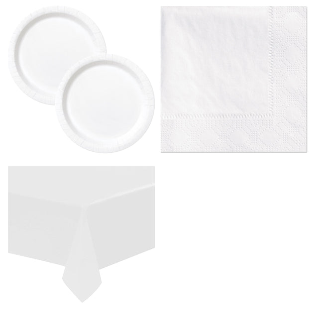 White Solid Plates, Napkins and Tablecloth Set for 16 Guests - set overview