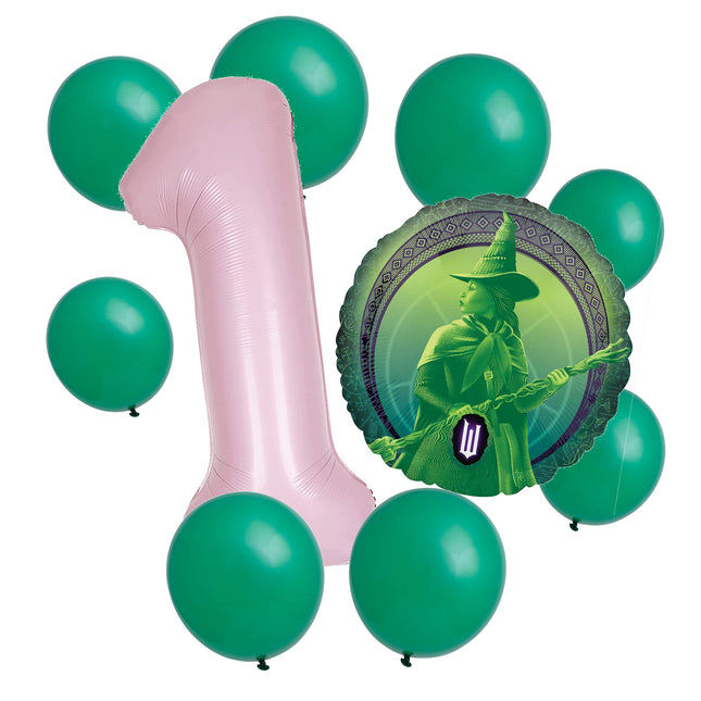 Wicked 1st birthday set main: number 1 foil, themed foil and 8 matching latex balloons