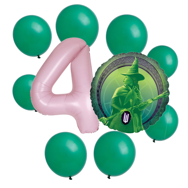Wicked 4th birthday set main: number 4 foil, themed foil and 8 matching latex balloons