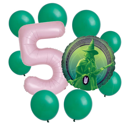 Wicked 5th birthday set main: number 5 foil, themed foil and 8 matching latex balloons