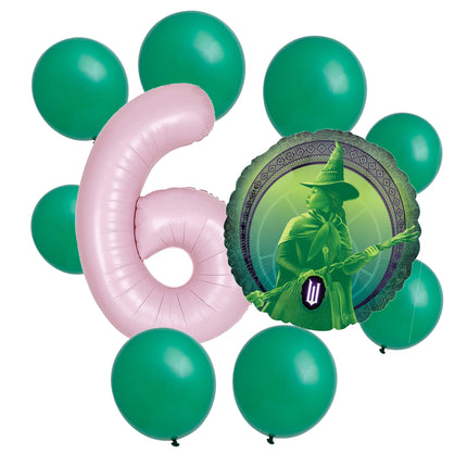 Wicked 6th birthday set main: number 6 foil, themed foil and 8 matching latex balloons
