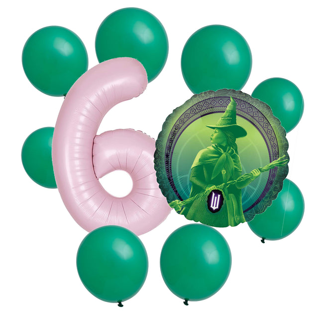 Wicked 6th birthday set main: number 6 foil, themed foil and 8 matching latex balloons