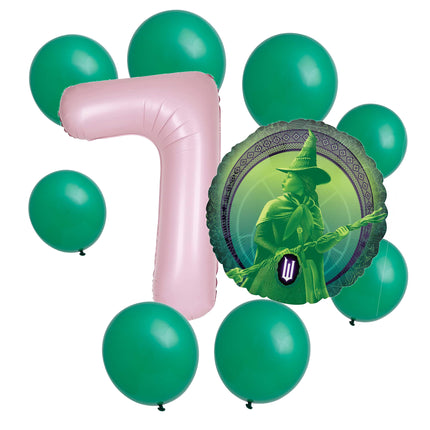 Wicked 7th birthday set main: number 7 foil, themed foil and 8 matching latex balloons