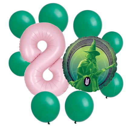Wicked 8th birthday set main: number 8 foil, themed foil and 8 matching latex balloons
